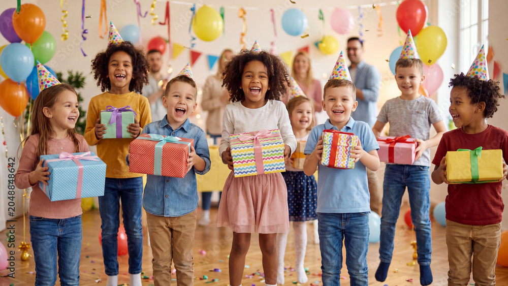 Obraz premium Children stand together inside a decorated room while holding birthday gifts and wearing party hats during a fun group celebration event.