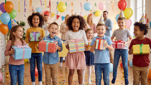 Children stand together inside a decorated room while holding birthday gifts and wearing party hats during a fun group celebration event.