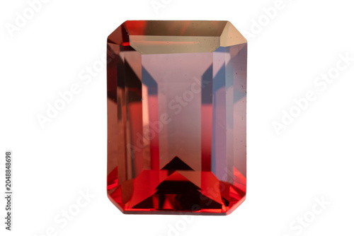 Canvastavla Natural red andesine gemstone with bright red glow, emerald cut, isolated on tra
