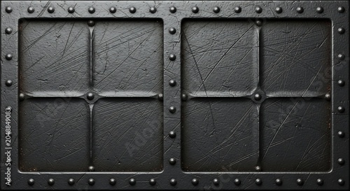 Dark Riveted Metal Panel with Scratched Surface in Industrial Closeup