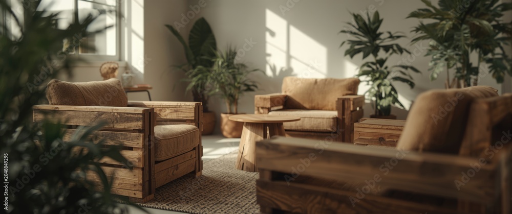 Fototapeta premium Sustainable armchairs designed with repurposed wooden pallets