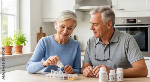 Senior Couple Organizing Daily Medication Pills at Bright Modern Kitchen Table