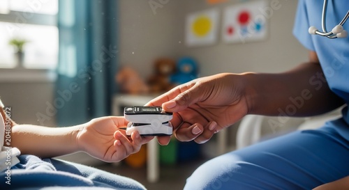 Compassionate Nurse Checking Child Oxygen Level with Pulse Oximeter in Hospital Room