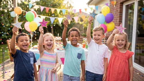 Children celebrate at an outdoor birthday party while holding colorful paper star decorations in their hands during the sunny afternoon.