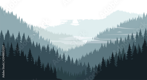 Bild auf Leinwand A serene forest landscape with misty mountains