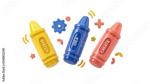 Vector illustration of 3d illustration of three colorful crayons labeled sketch, idea, and create on a transparent background