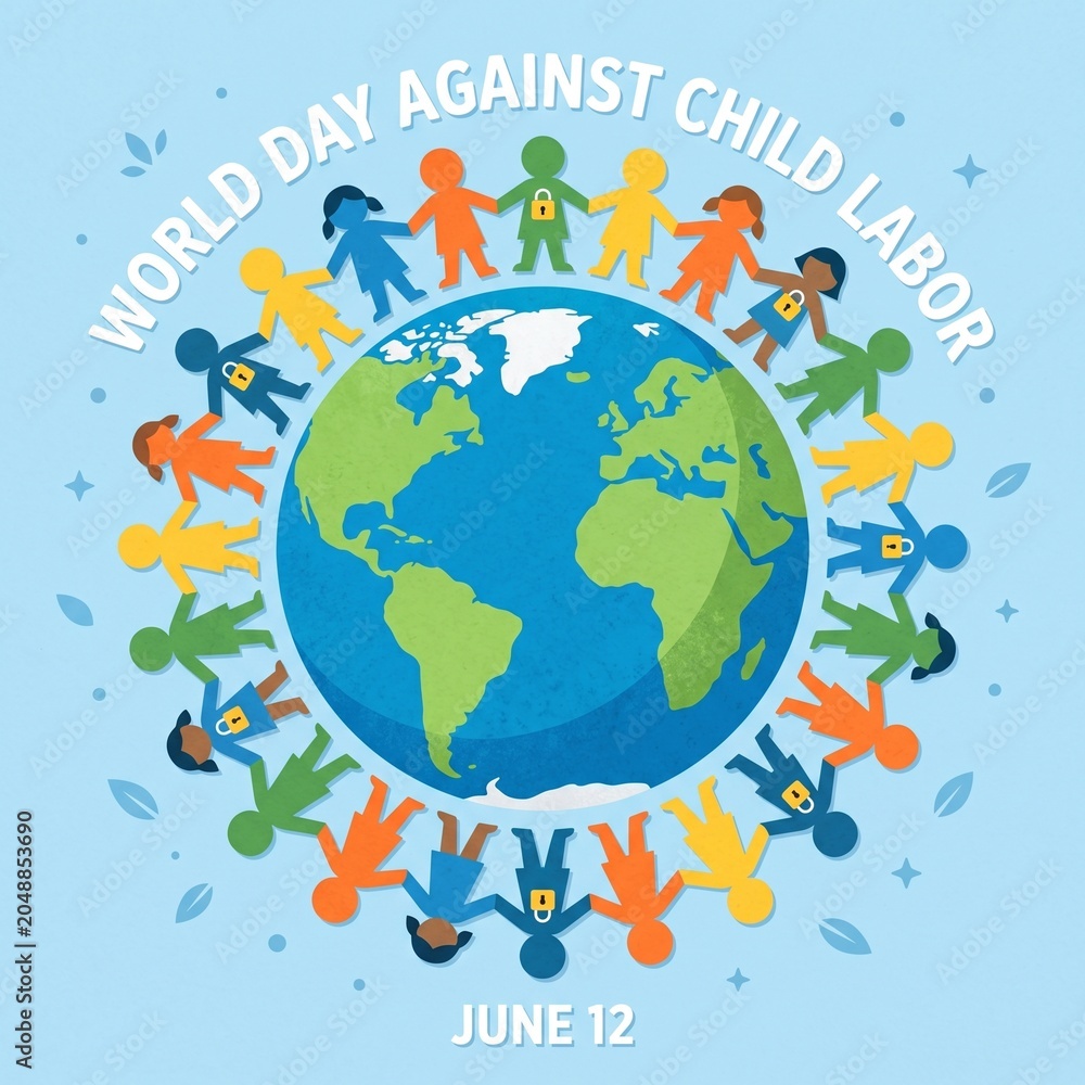 Naklejka premium A blue and green Earth globe surrounded by cutout paper children holding hands, some with lock icons, for World Day Against Child Labor on June 12.