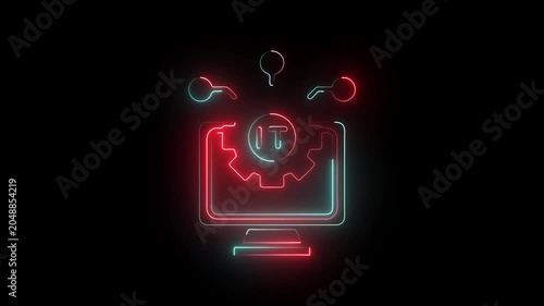 Glowing Information Technology Support Symbol with Monitor and Gear saber animation with black color background