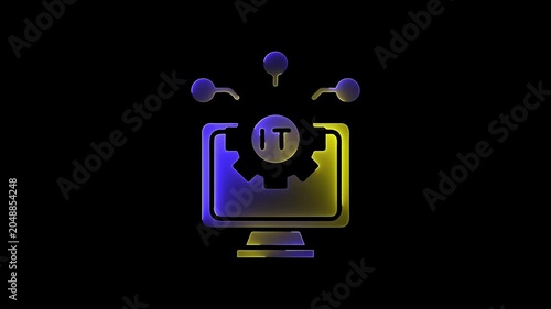 Glowing Information Technology Support Symbol with Monitor and Gear blue and yellow color saber animation with black color background