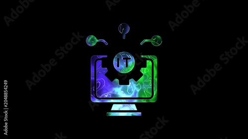 Glowing Information Technology Support Symbol with Monitor and Gear tow color saber animation with black color background