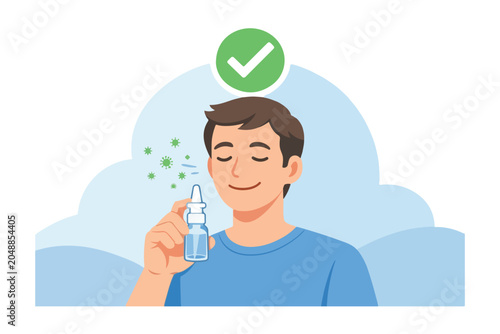 Obraz na płótnie Man using nasal spray to combat green virus particles with checkmark medicine he