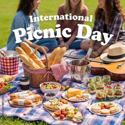International picnic day celebration with friends on a colorful blanket in the park with a variety of food and drinks