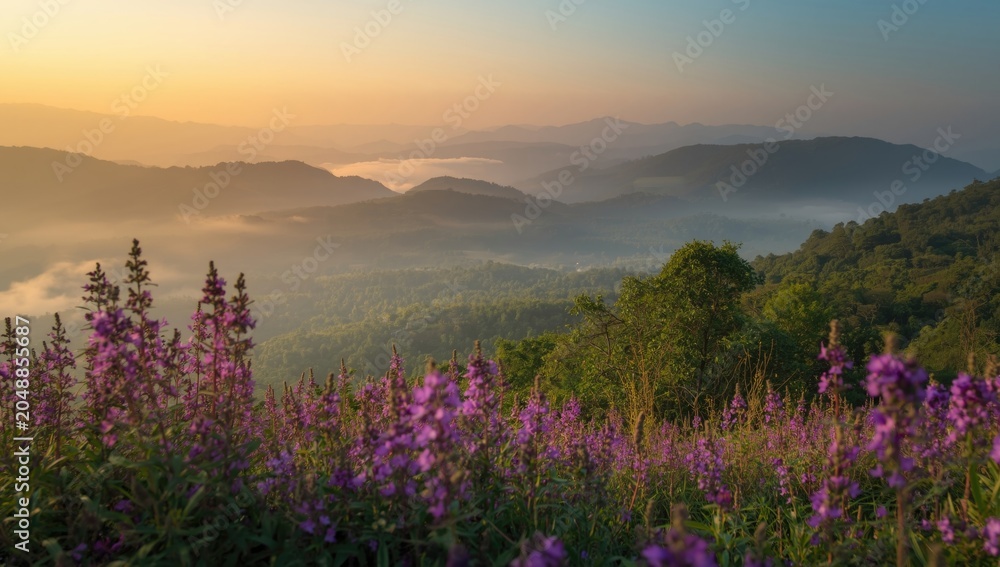 Naklejka premium Periodic Neelakurinji flowering every twelve years enchanting mountain landscapes