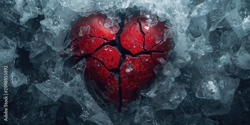Shattered red stone heart encased in ice conveying themes of love and betrayal