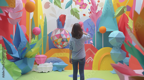 A woman standing in a colorful paper art installation room