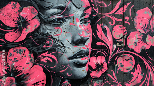 Graffiti art of a womans face surrounded by vibrant pink flowers