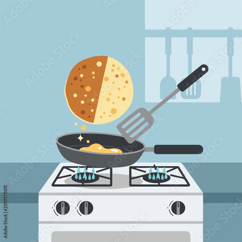 Bilde på lerret A pancake is being flipped in a pan on a stove