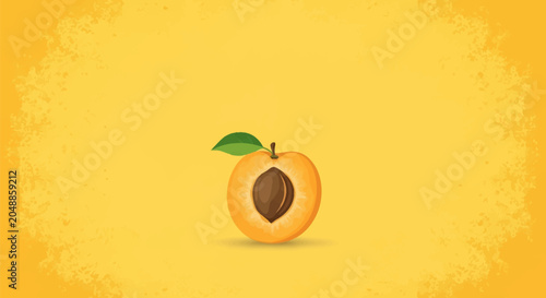 Vector illustration of a sliced apricot showing the internal pit and green leaf, isolated on a yellow textured background with distressed grunge edges and wide copy space.