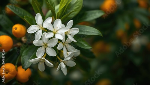 White neroli flowers in full bloom with mature orange fruits and fresh green leaf backdrop