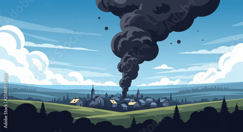 Vector illustration of a massive plume of thick black smoke rising from a small village in a rural landscape, depicting a fire or explosion in a residential area under a blue sky.