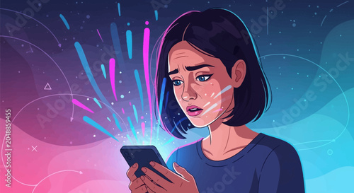 Vector illustration of a concerned young woman with short dark hair looking at a glowing smartphone, featuring colorful light bursts and an abstract cosmic background with stars.