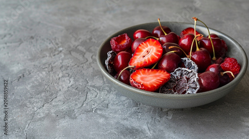 Fresh strawberries and cherries in a grey bowl on a textured surface