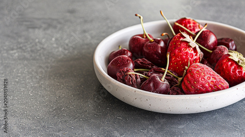Fresh strawberries and cherries in a bowl on a grey concrete background