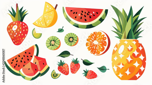 Set of fresh tropical fruits and berries isolated on white background
