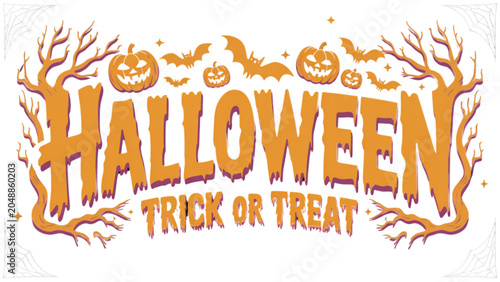 Tableau sur toile Halloween pumpkin and orange text saying trick or treat with autumn leaves Vecto