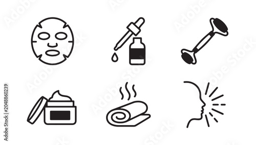 Set of skincare and beauty treatment icons including sheet mask serum face roller cream towel and facial profile with skincare treatment wellness cosmetic hydration cosmetics isolated pictogram