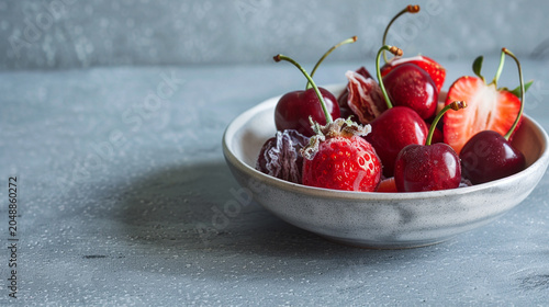 Fresh cherries and strawberries in a ceramic bowl on a gray background