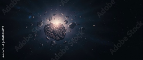 Rendering of asteroids reflecting bright solar illumination