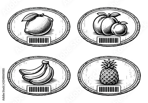 Assortment of fresh fruit labels featuring banana, pineapple, lemon, and peach with barcode elements in a classic woodcut style