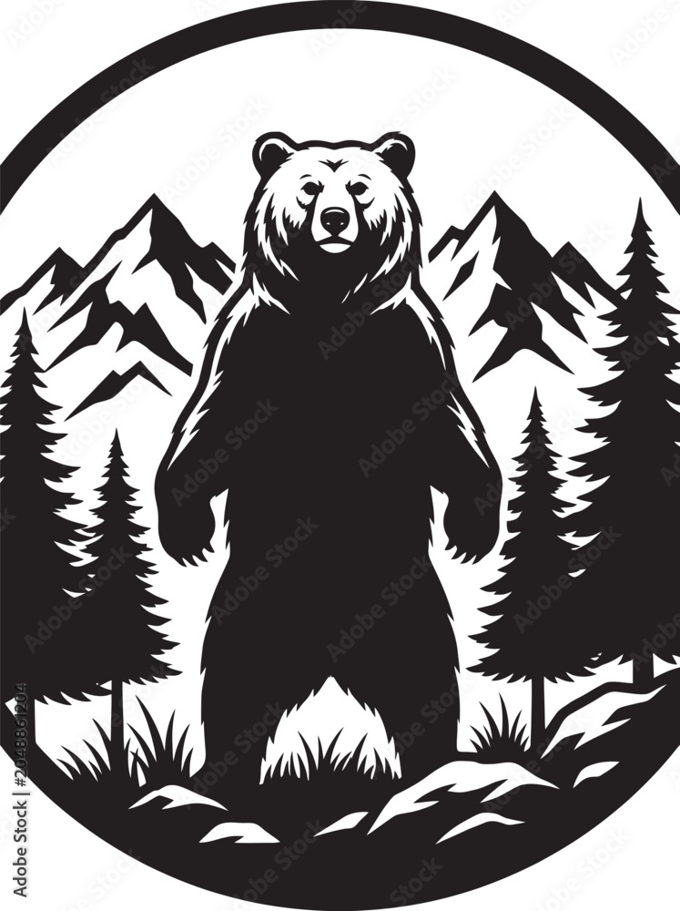 Fototapeta premium Majestic Grizzly Bear Standing Tall Amidst Snowy Mountains and Pine Trees Emblematic of Wilderness