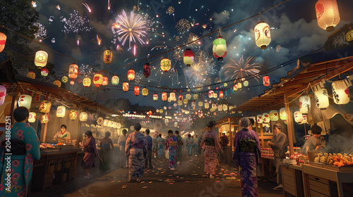 Traditional japanese summer festival with fireworks and lanterns