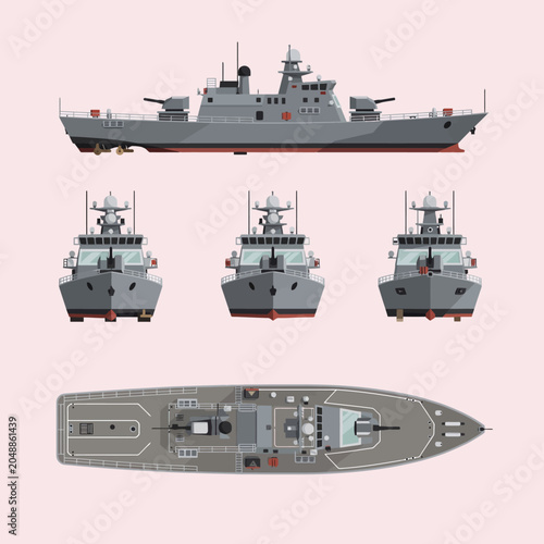 A detailed illustration of a generic military warship on a light background