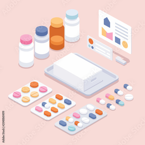 Isometric illustration of various pills, medicine bottles and a digital display
