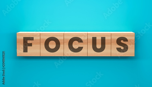 Bild auf Leinwand Wooden Blocks Spelling FOCUS: A line of five wooden blocks, each with a single letter, spelling out the word FOCUS against a vibrant blue background