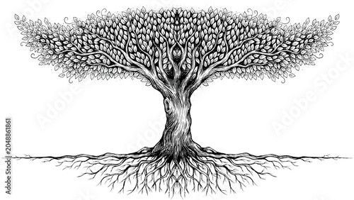 Foto Minimalist tree with strong roots growing in soil Vector