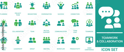 Teamwork and collaboration icon set. Business project team, corporate brainstorm meeting, remote workflow planning, and leadership partnership symbols