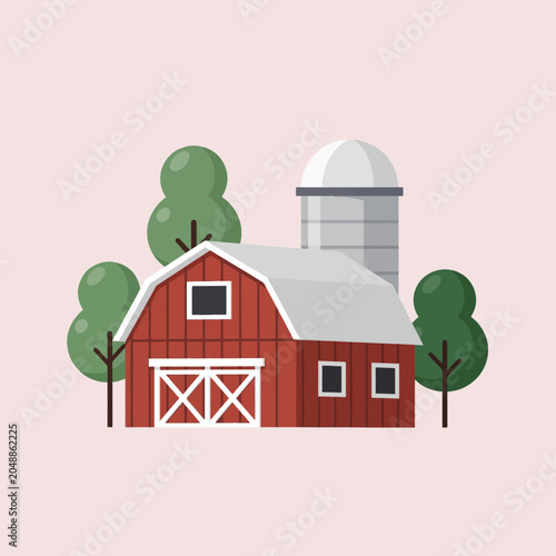 A colorful illustration of a rural farm with a barn and silo on a pink