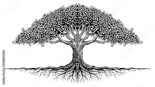 Foto Large old tree with wide spreading branches against plain background Vector