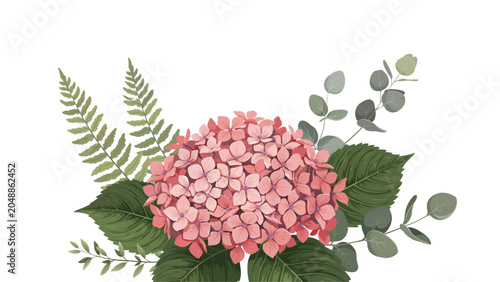 Pink hydrangea flowers in a natural foliage arrangement Vector