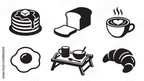 Breakfast food icon set featuring pancakes bread coffee egg breakfast tray and croissant illustrations breakfast pancakes croissant illustration beverage restaurant delicious silhouette