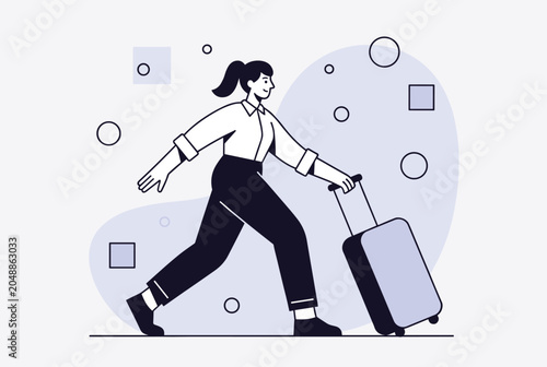 Stylish businesswoman walking confidently while pulling a purple suitcase against an abstract geometric background.