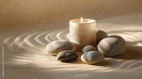 Spa composition with a burning candle and smooth zen stones on sand