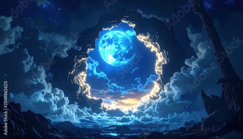 Serene night scene featuring a luminous blue moon framed by cloud-filled rock formations