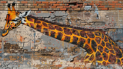 Graffiti art of a giraffe painted on a weathered and textured brick wall