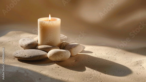A lit candle surrounded by smooth stones on a textured beige surface
