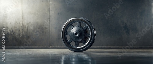 Industrial engine section featuring mounted steel flywheel and abstract metallic backdrop